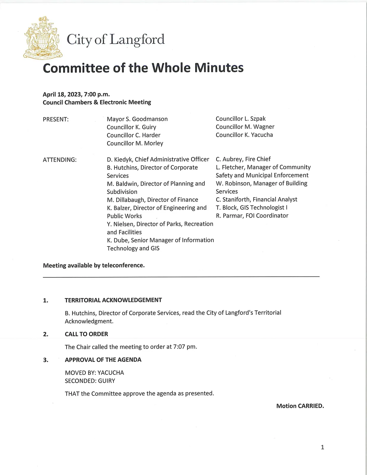 Attendance list and Territorial Acknowledgement