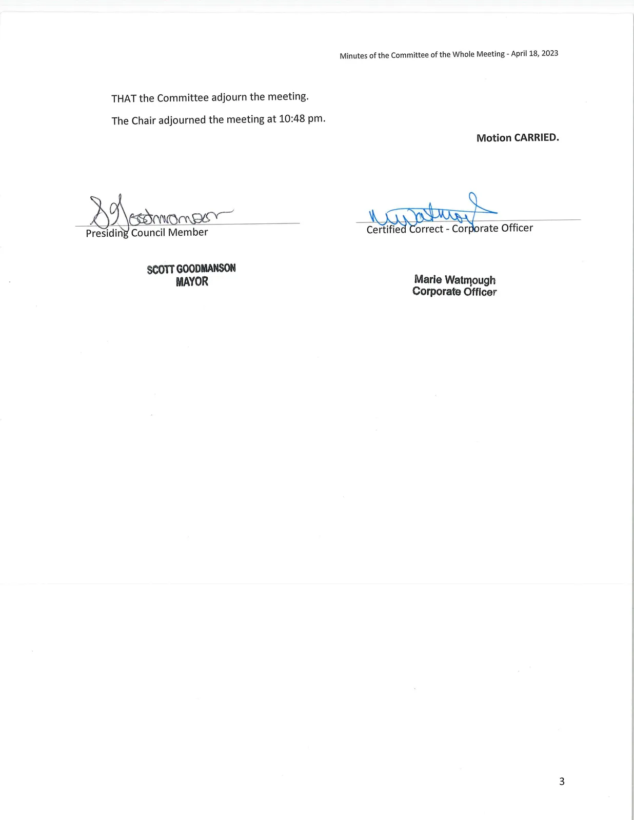 Adjournment and certification block