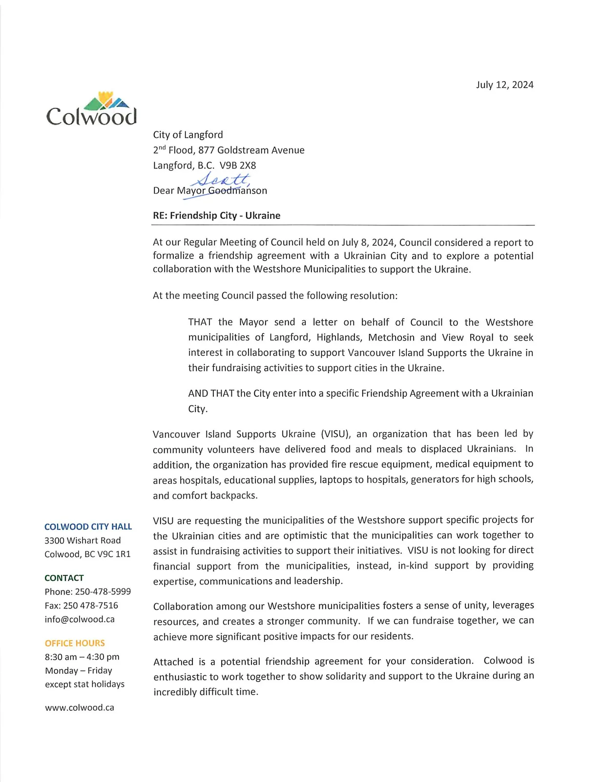 Enclosures list referenced in the Colwood letter