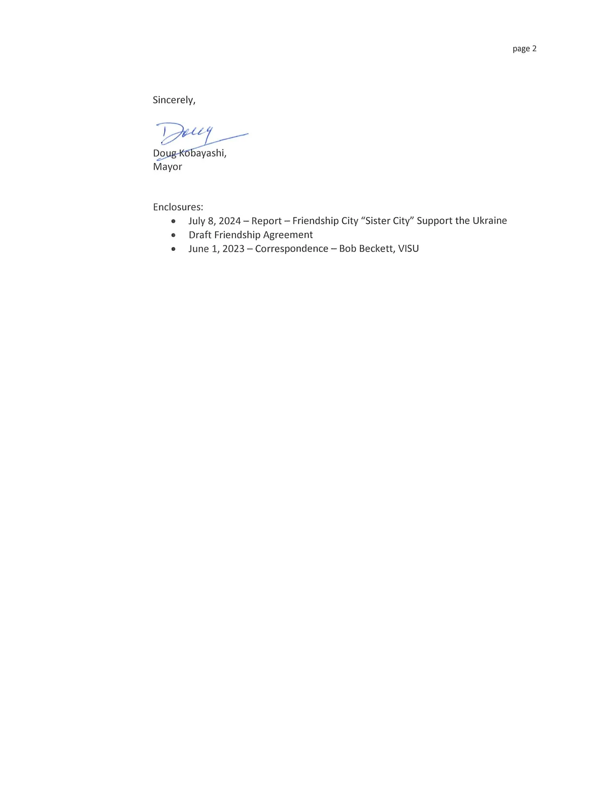 Draft Friendship Agreement between THE CITY OF COLWOOD, CANADA and a Ukrainian city