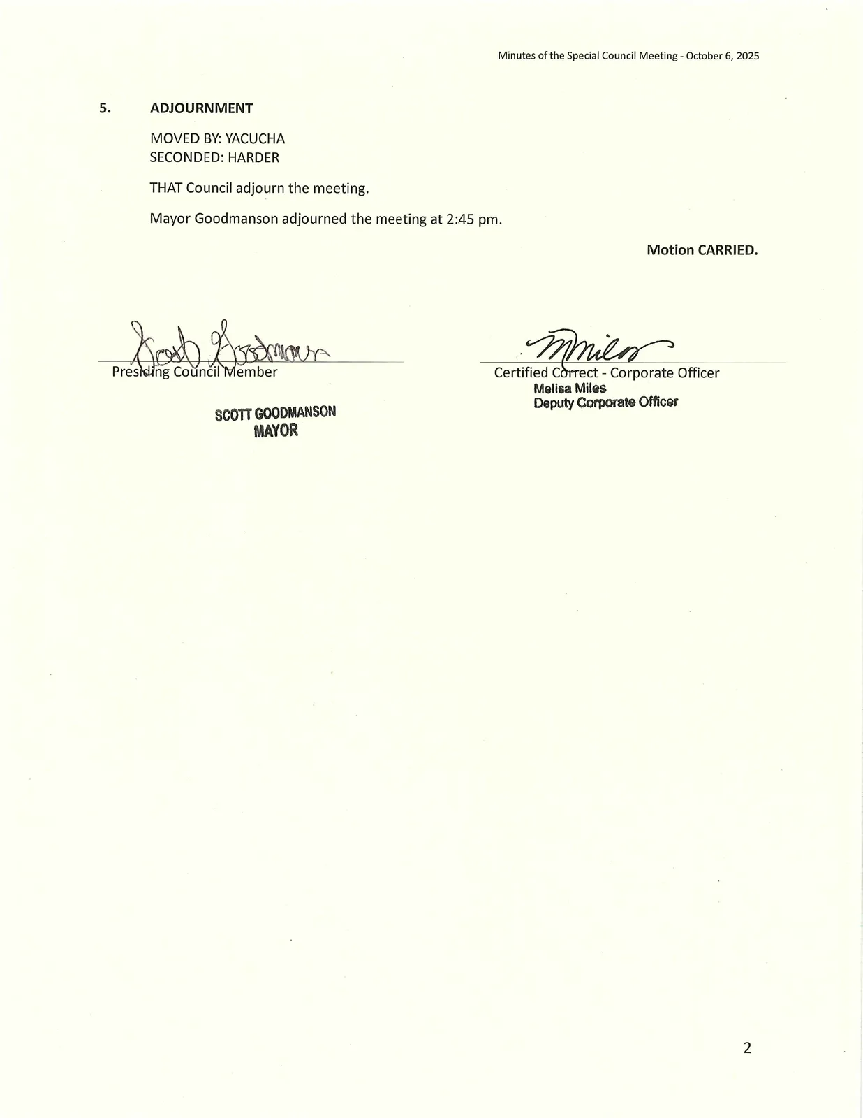 Scan of meeting minutes page 2 (adjournment and certification block)
