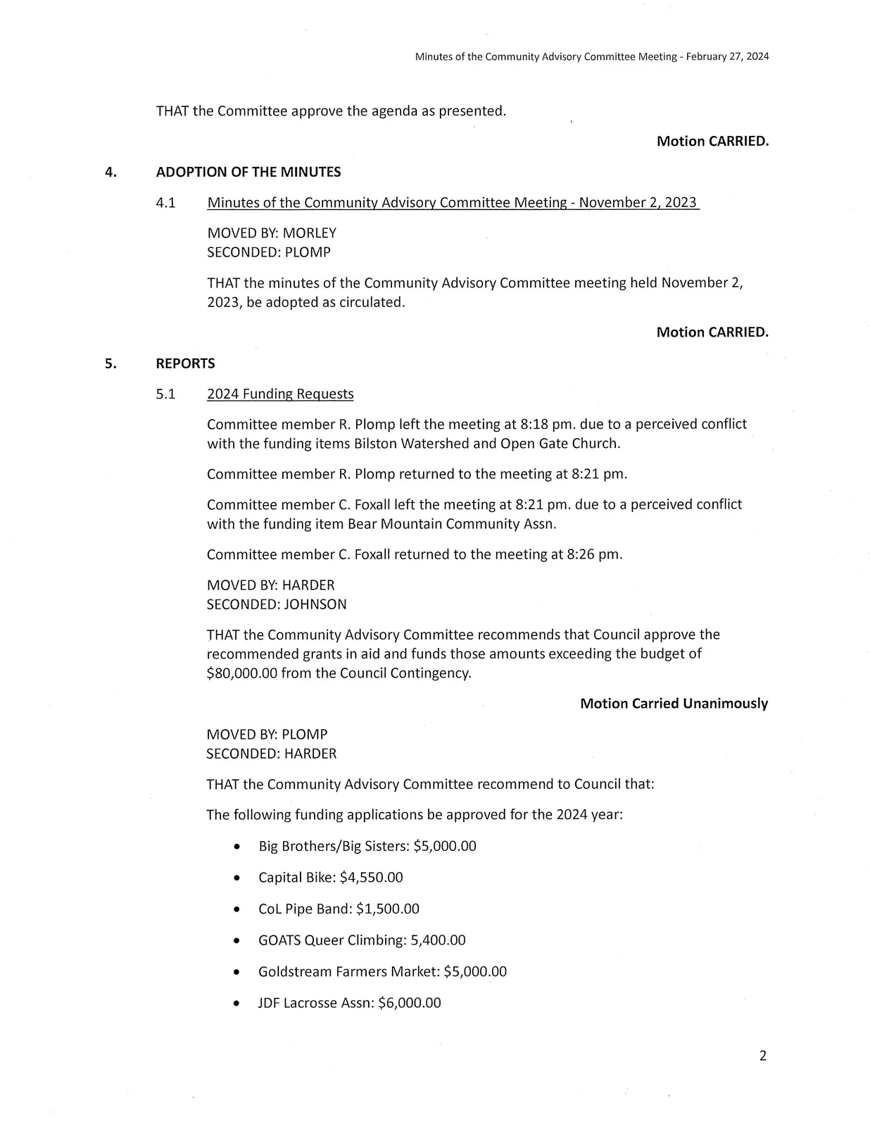 Minutes page and start of funding requests