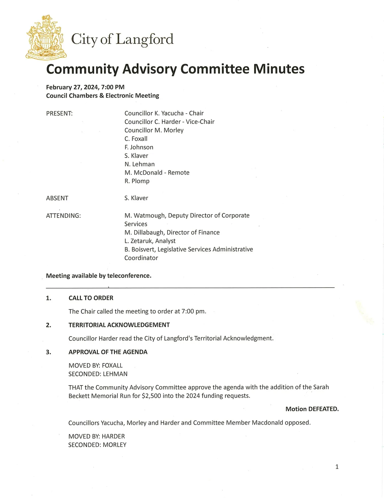 Meeting cover page with attendance and call to order