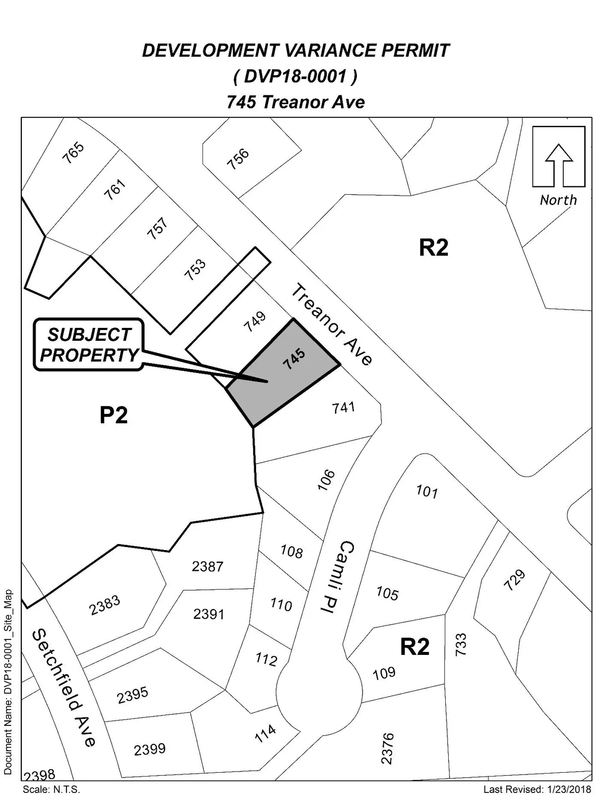 Site map showing subject property at 745 Treanor Ave and surrounding lots, roads, and zoning areas