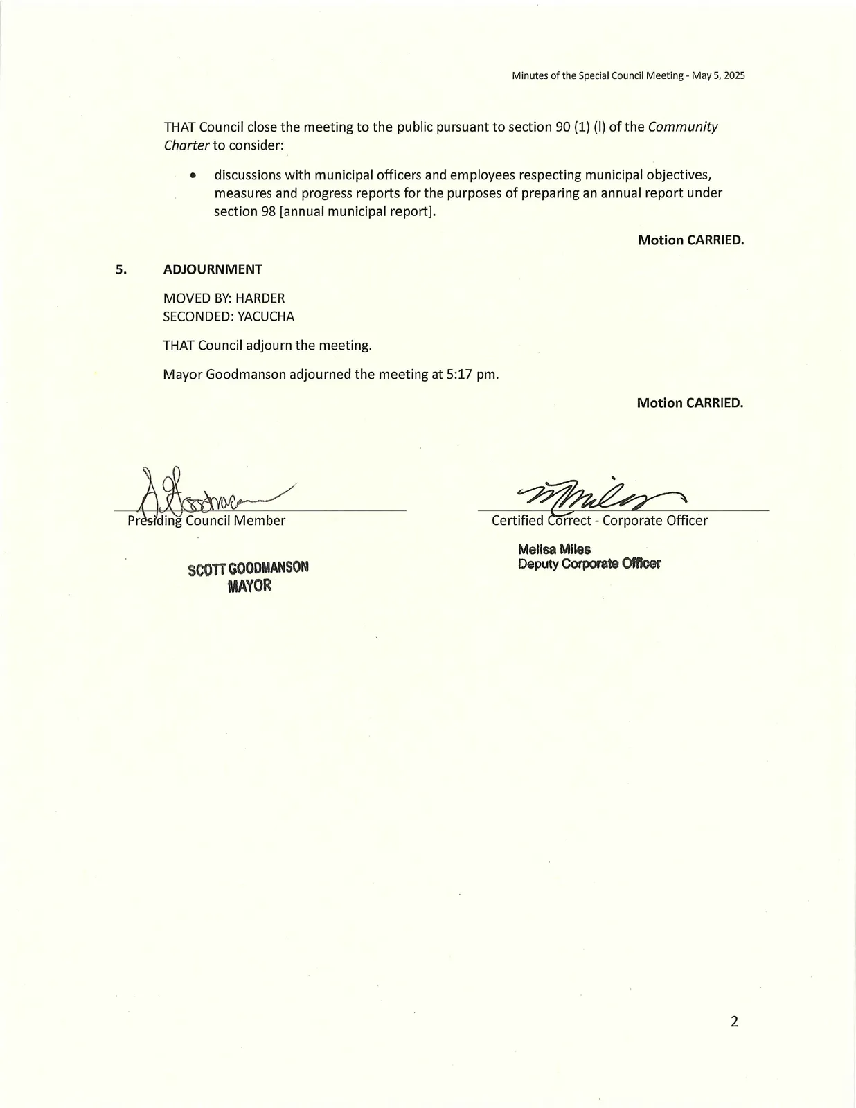 Page image of Special Council Minutes showing in-camera resolution, adjournment and certification block