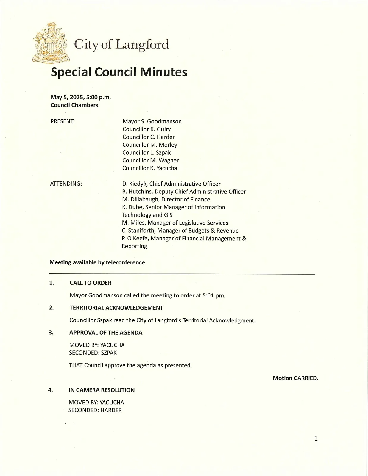 Page image of Special Council Minutes showing attendance and meeting details