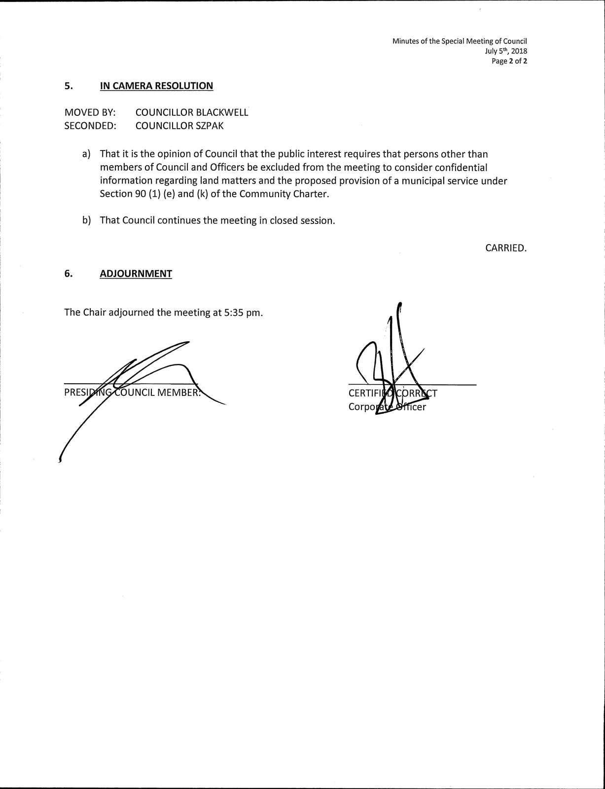 Page 2 — continuation of minutes, In Camera resolution and adjournment