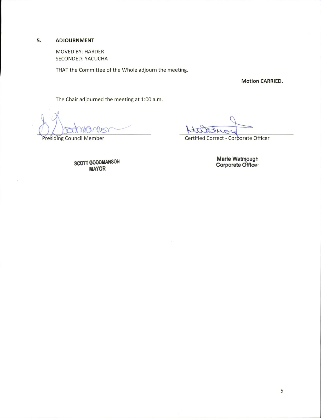 Page 5 — Adjournment and certification lines