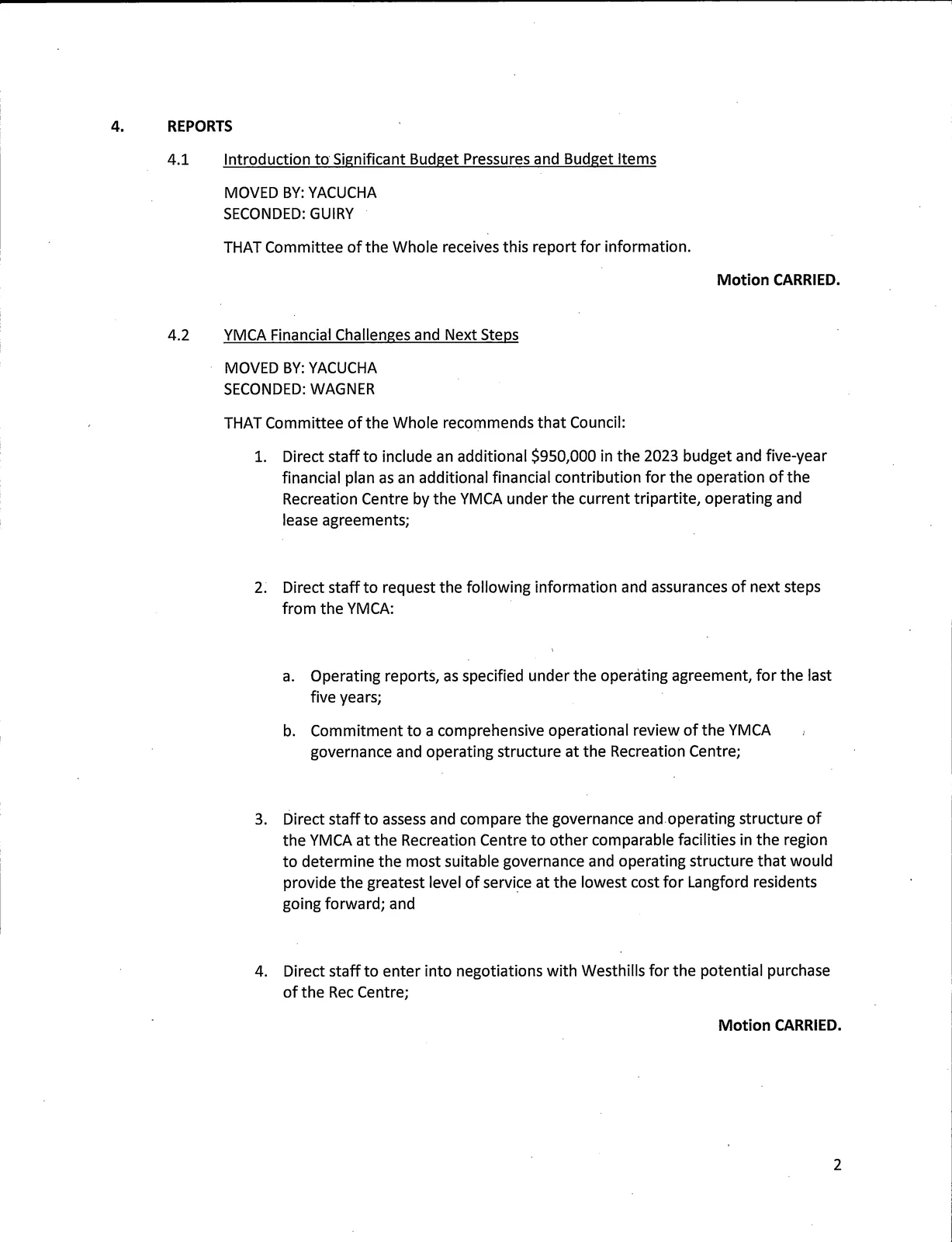 Page 2 — reports beginning, including 4.1 and 4.2 YMCA item