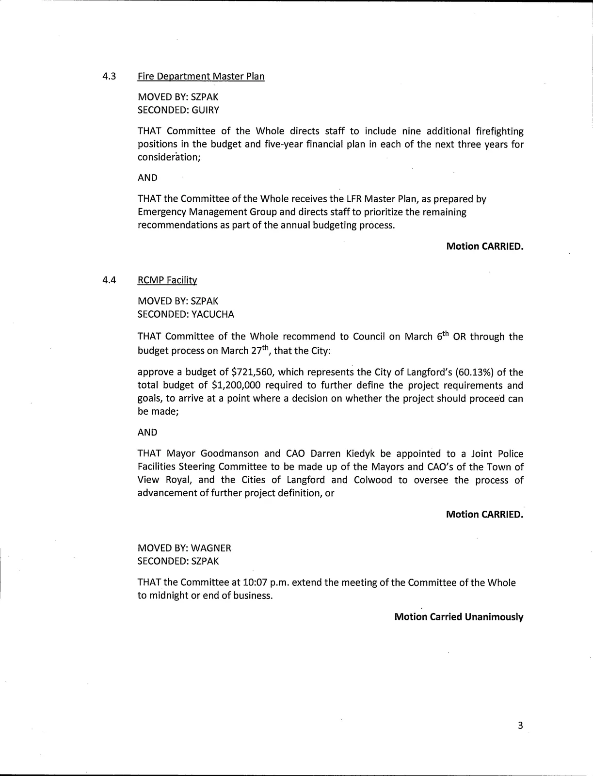Page 3 — Fire Department Master Plan and RCMP Facility items