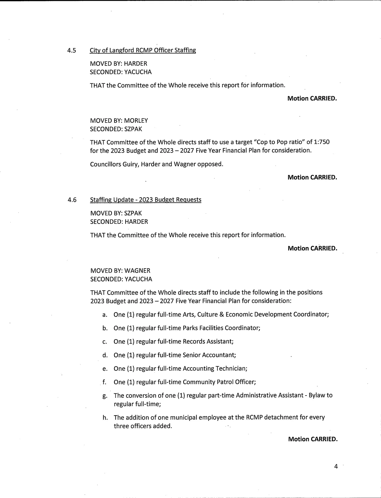 Page 4 — RCMP Staffing, Staffing Update and 2023 budget positions
