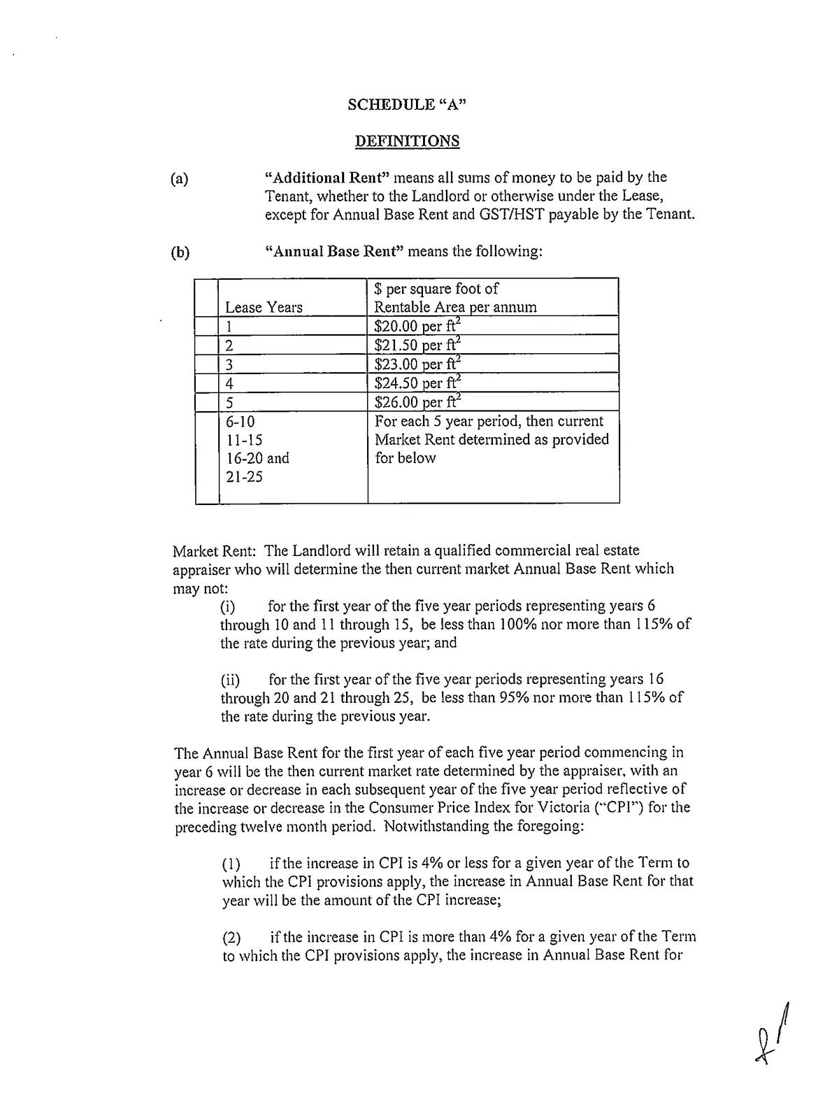 scanned page of Schedule A (definitions and rent schedule)