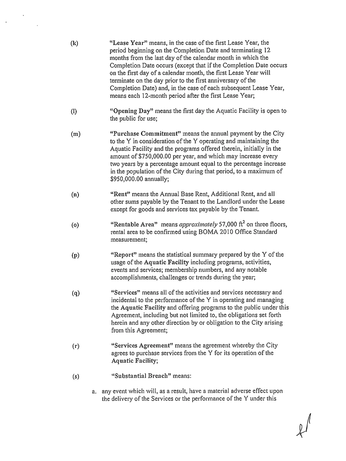 scanned page of continued definitions (Lease Year, Opening Day, Purchase Commitment, etc.)