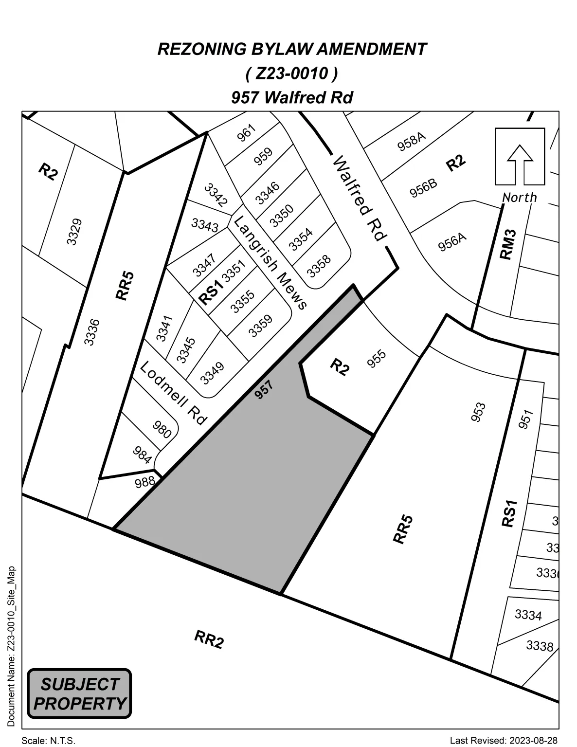 Site map showing the subject property (shaded) and adjacent parcels; includes road labels such as Walfred Rd, Langrish Mews, Lodmell Rd and zoning labels including RR5, RR2, R2, RS1, RM3