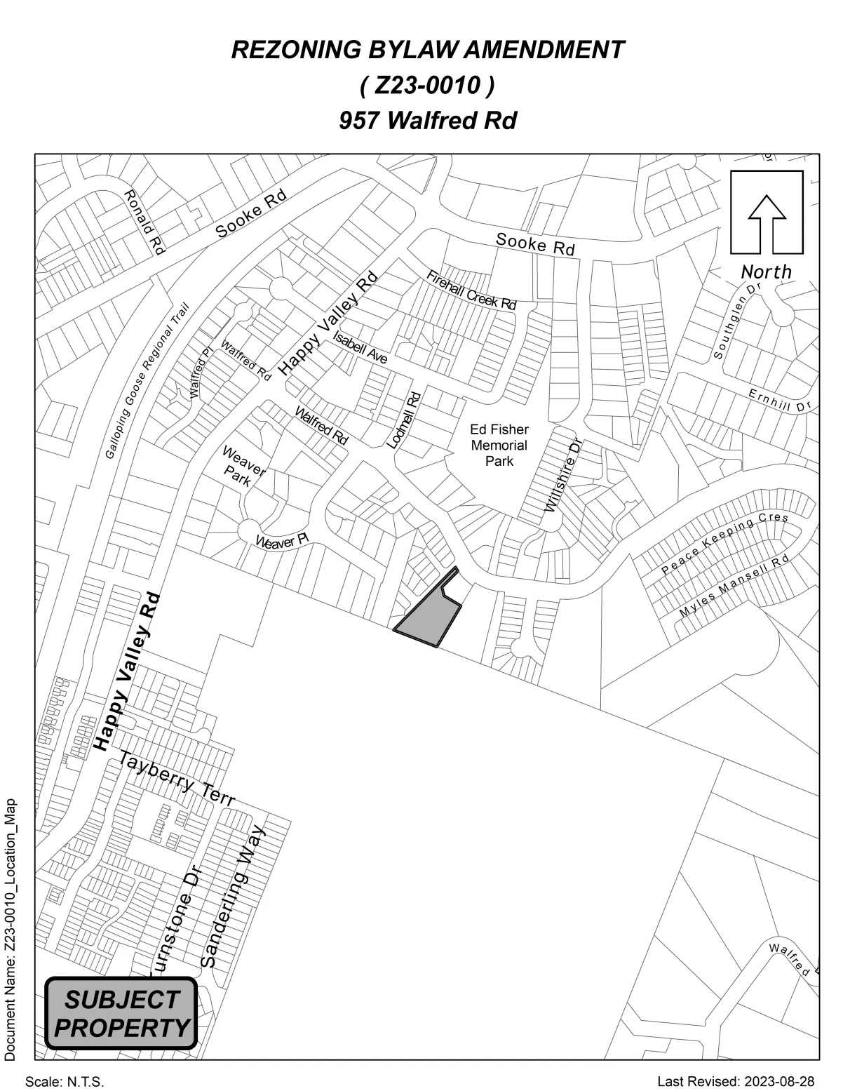 Location map showing the subject property (shaded) in the broader neighbourhood context; includes roads such as Happy Valley Rd, Sooke Rd, and surrounding residential areas
