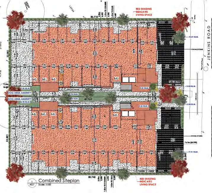 Proposed site plans showing the area between the two buildings and landscaping enclaves