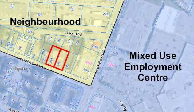Official Community Plan designations map showing subject property relative to Mixed-Use Employment Centre and Neighbourhood areas