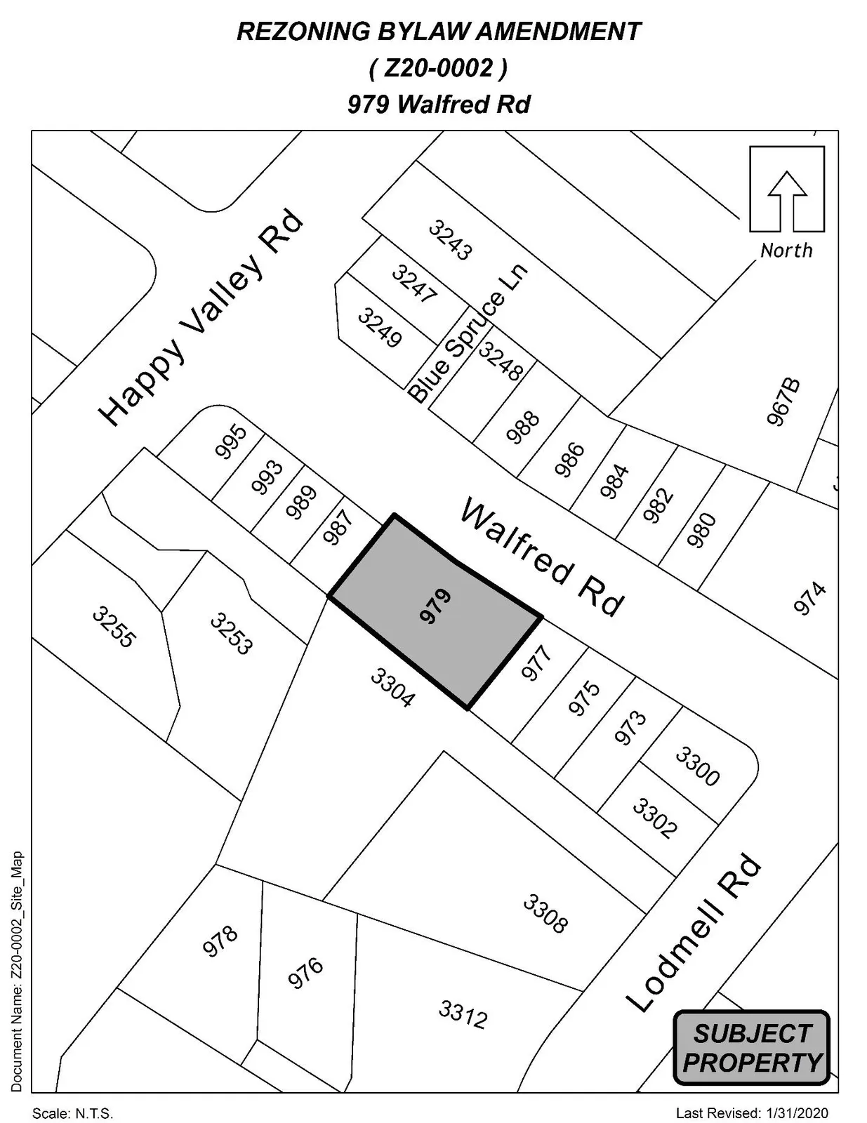 Site map showing the subject property (shaded parcel 979) located on Walfred Rd between Happy Valley Rd and Lodmell Rd; surrounding parcel numbers and streets are shown