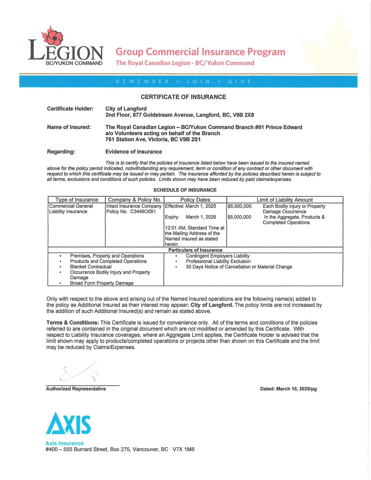 Certificate of Insurance — Royal Canadian Legion Branch #91