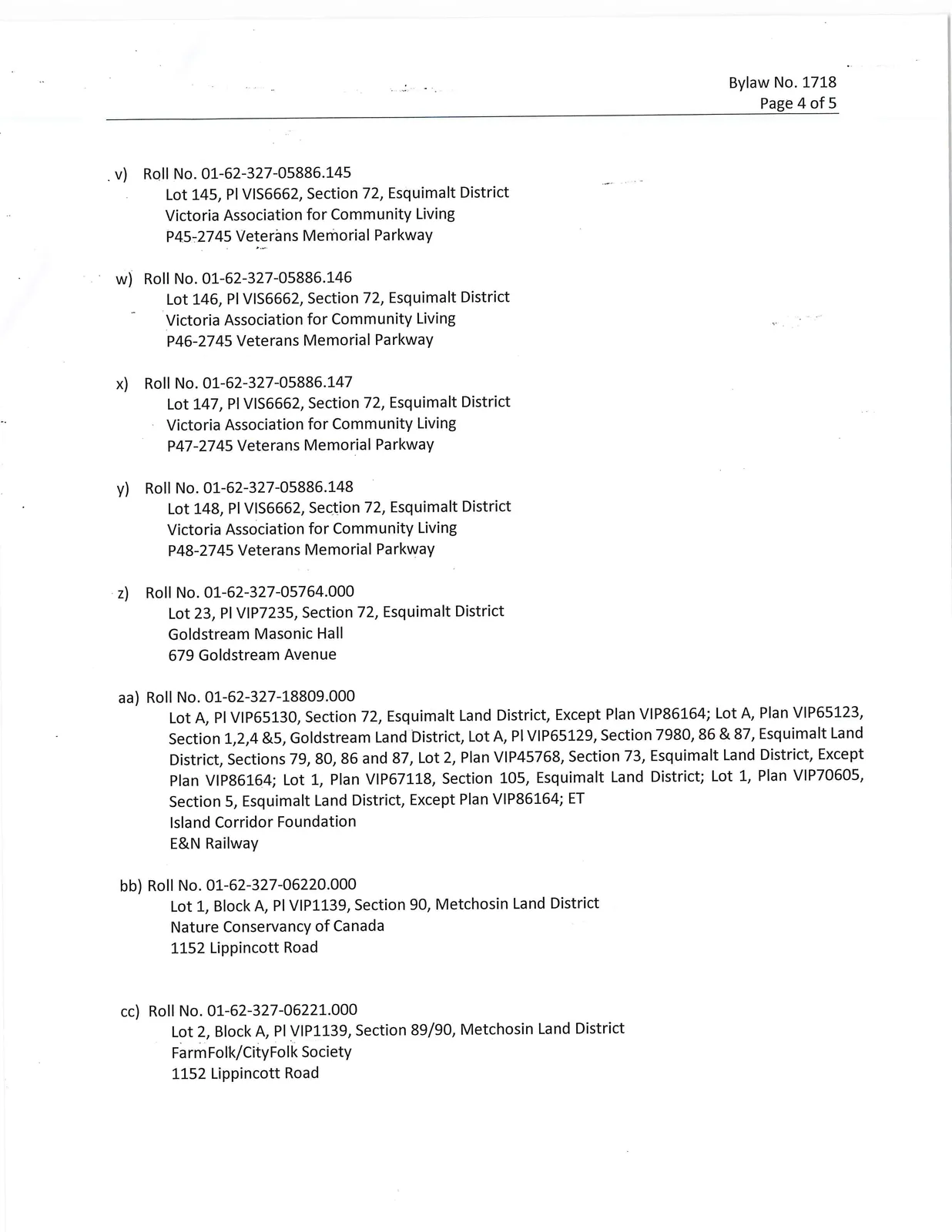 Continued list of properties including multiple Victoria Association for Community Living parcels and Island Corridor Foundation