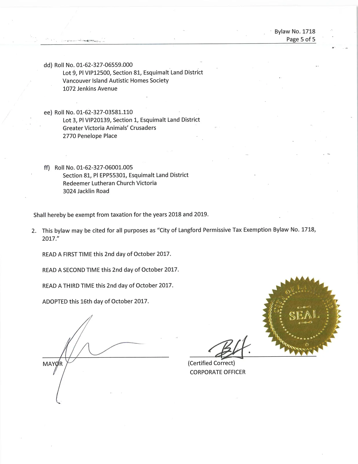 Final page with remaining property listings and adoption signatures