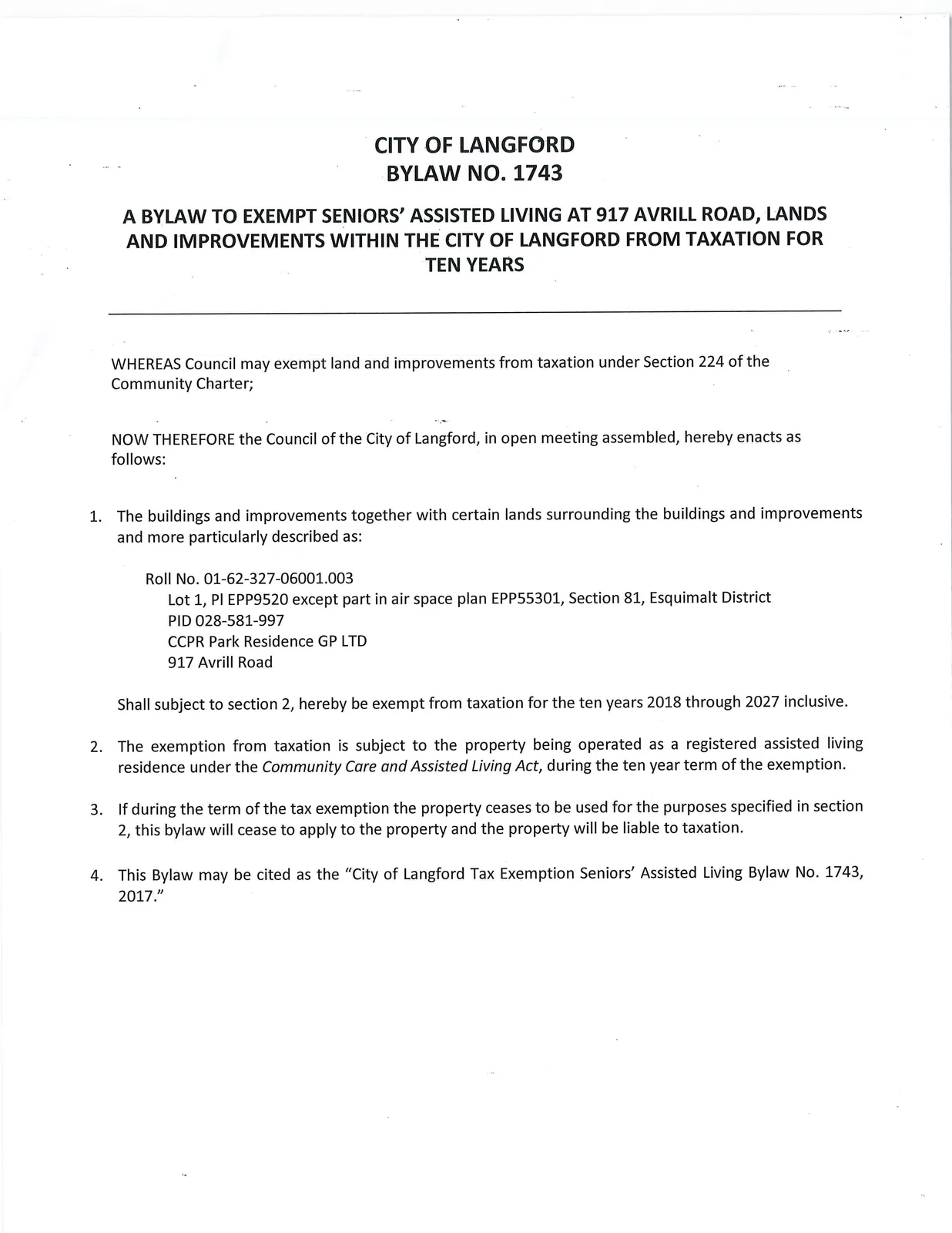 Bylaw page 1 — main bylaw text