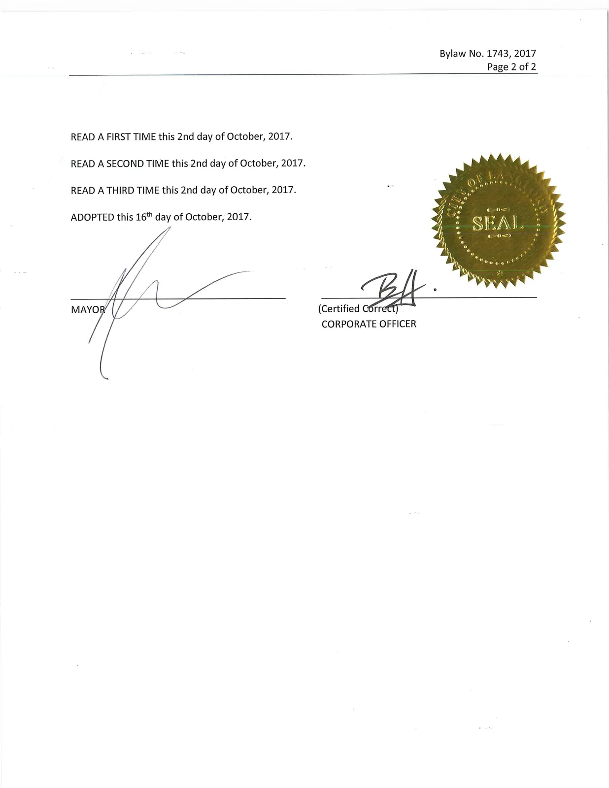 Bylaw page 2 — readings and adoption details