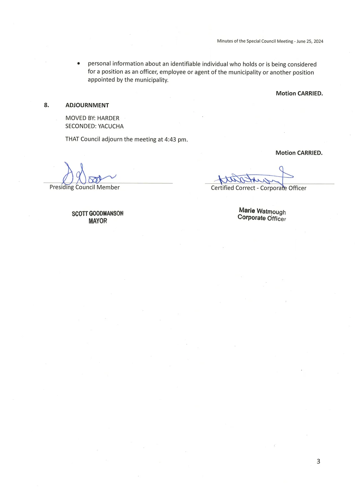 In Camera resolution and adjournment