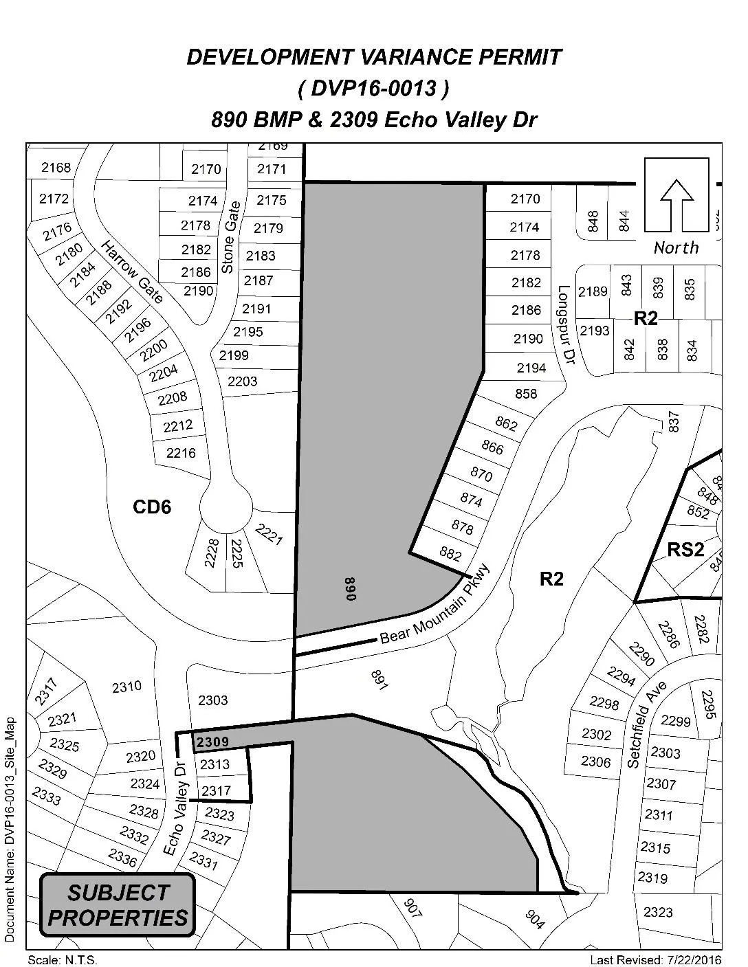Site map showing subject properties (shaded areas), surrounding lot numbers, roads (Bear Mountain Pkwy, Echo Valley Dr), zoning labels (CD6, R2, RS2), and a North arrow