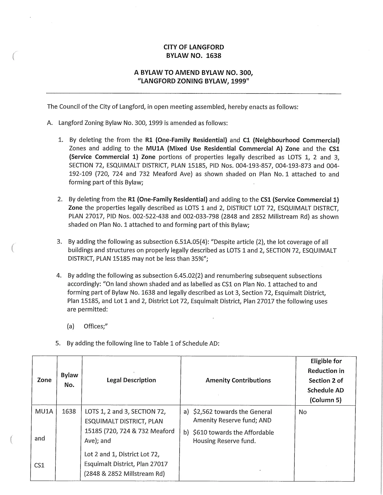 Bylaw text and Schedule AD table (page image)