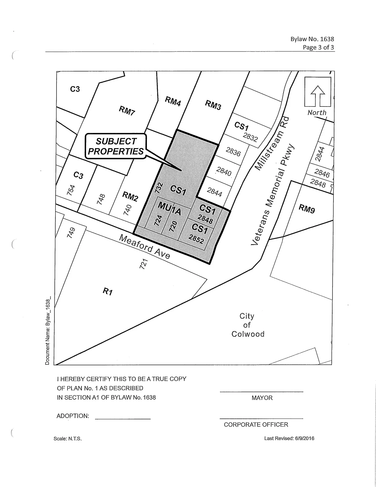 Plan No. 1 map showing shaded properties as described in the Bylaw