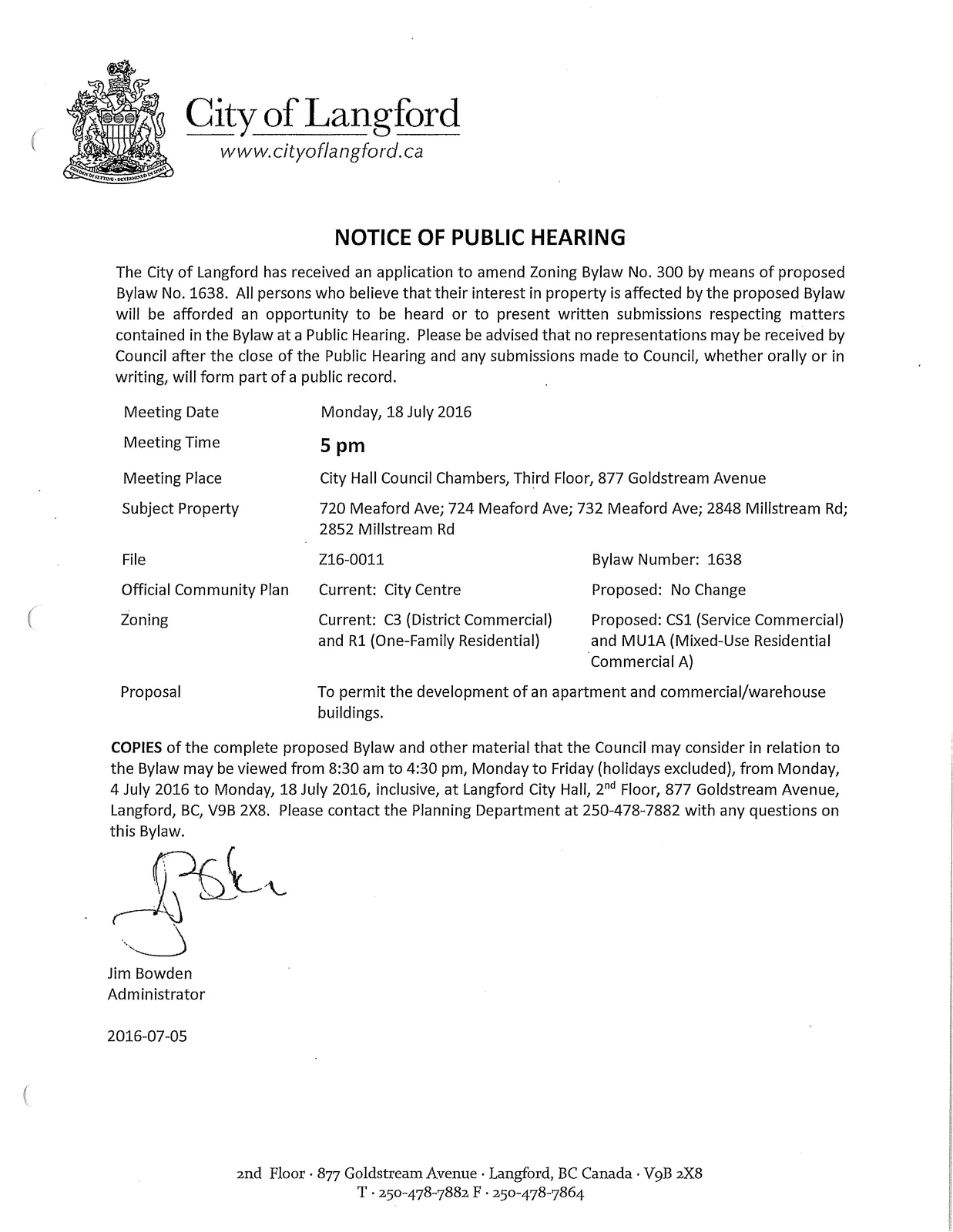 Notice of Public Hearing poster/banner from the City of Langford