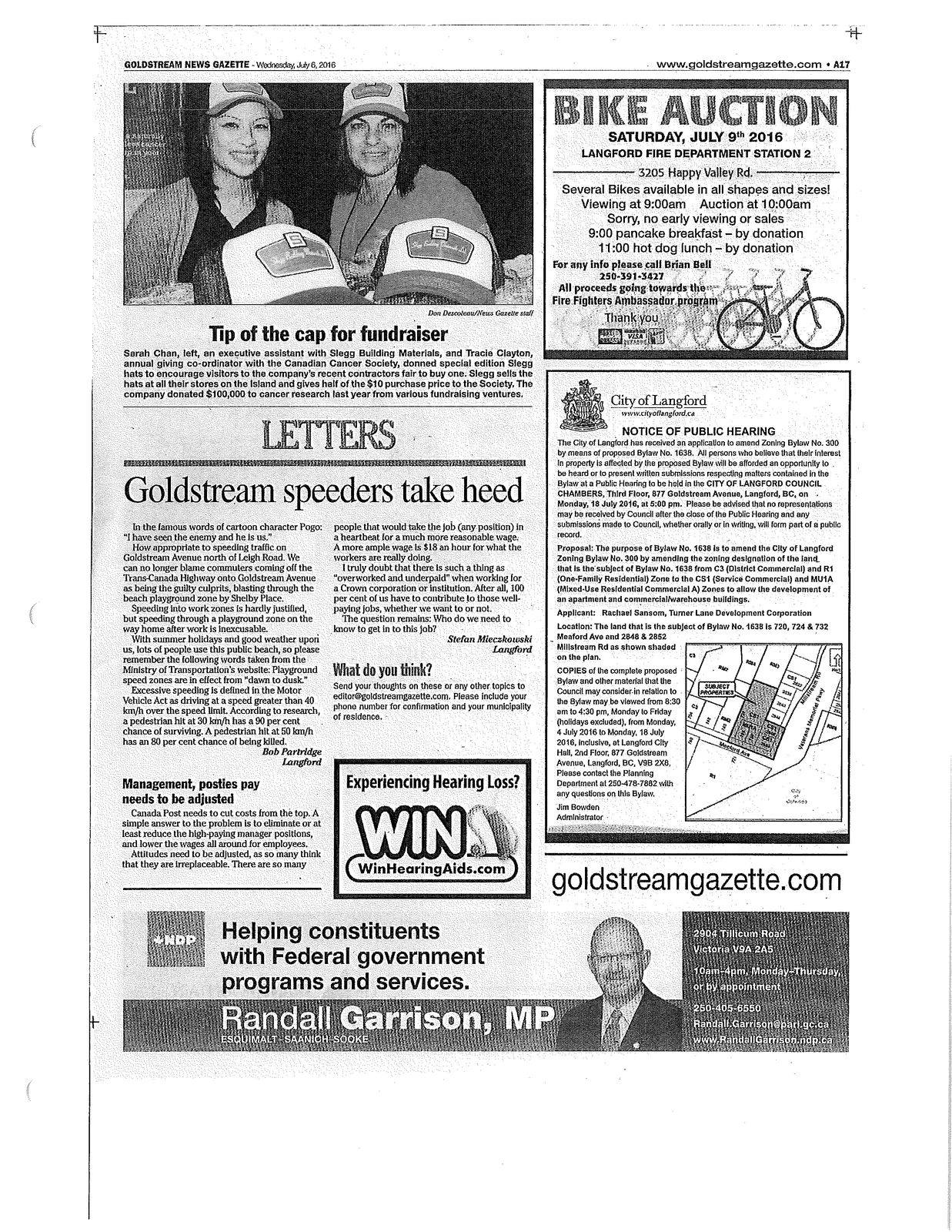 Newspaper page including local notices and the Langford Fire Department Station 2 auction notice