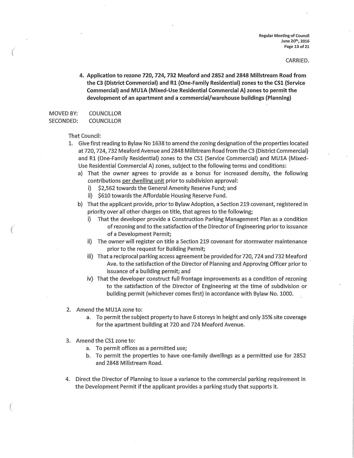 Meeting minutes excerpt regarding rezoning application for 720, 724, 732 Meaford Ave and 2848/2852 Millstream Rd