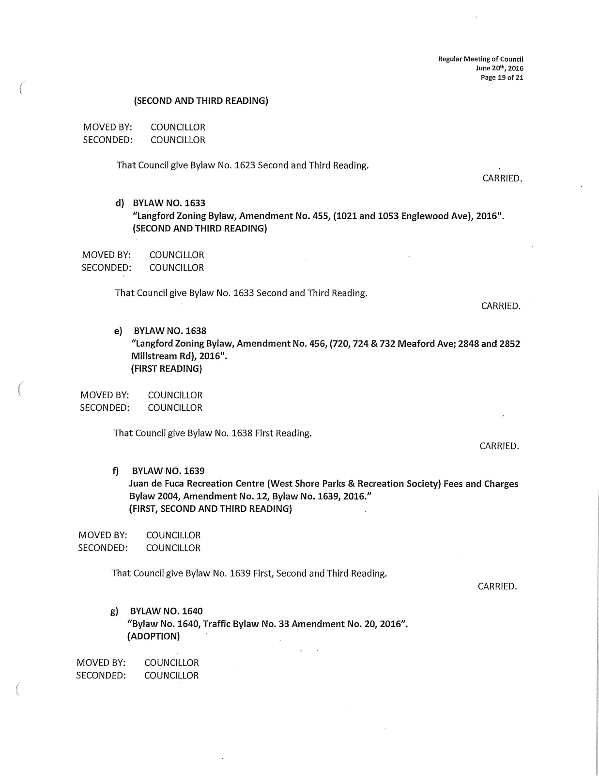 Minutes excerpt listing bylaw readings including Bylaw Nos. 1623, 1633, 1638, 1639, 1640