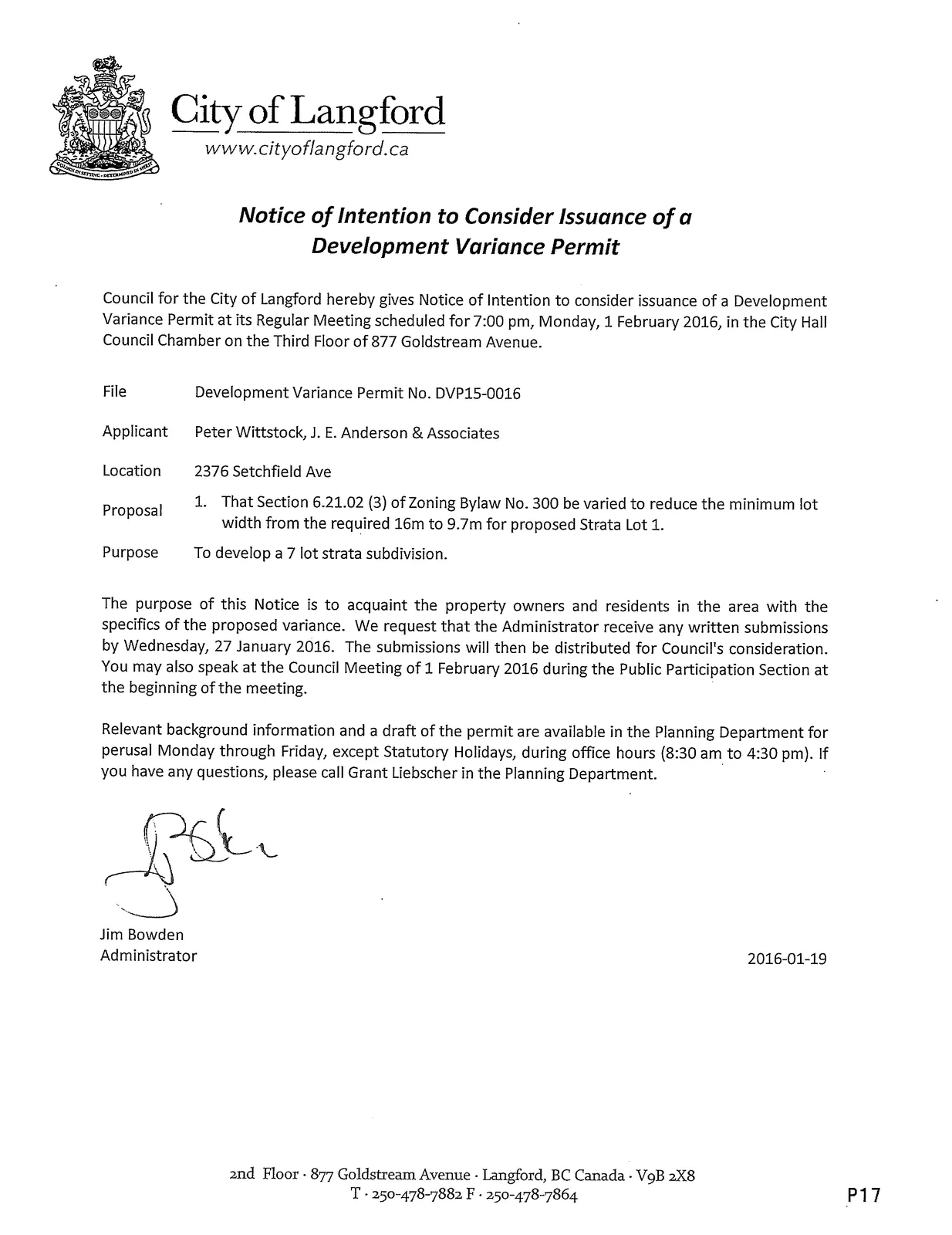 Public notice for Development Variance Permit DVP15-0016