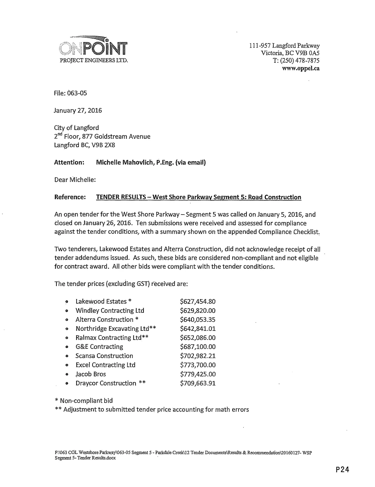 Tender results letter — cover/first page image