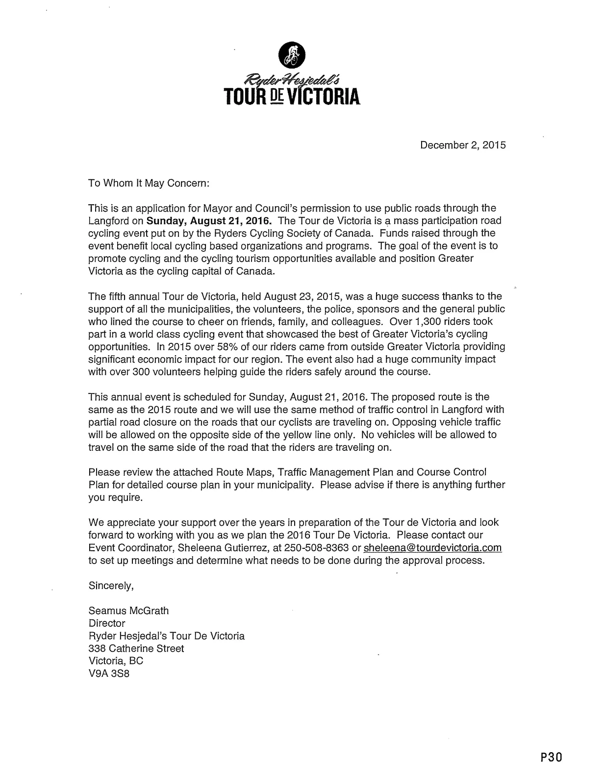 Letter requesting permission to use public roads in Langford for Ryder Hesjedal's Tour de Victoria, dated December 2, 2015