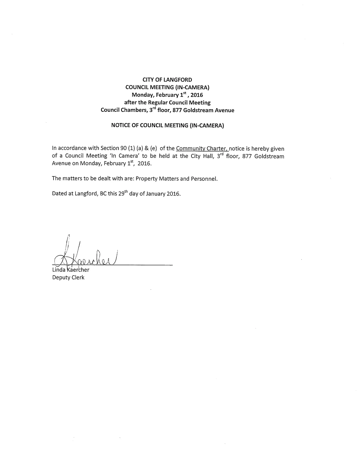 Notice of Council Meeting (In-Camera) — scanned page