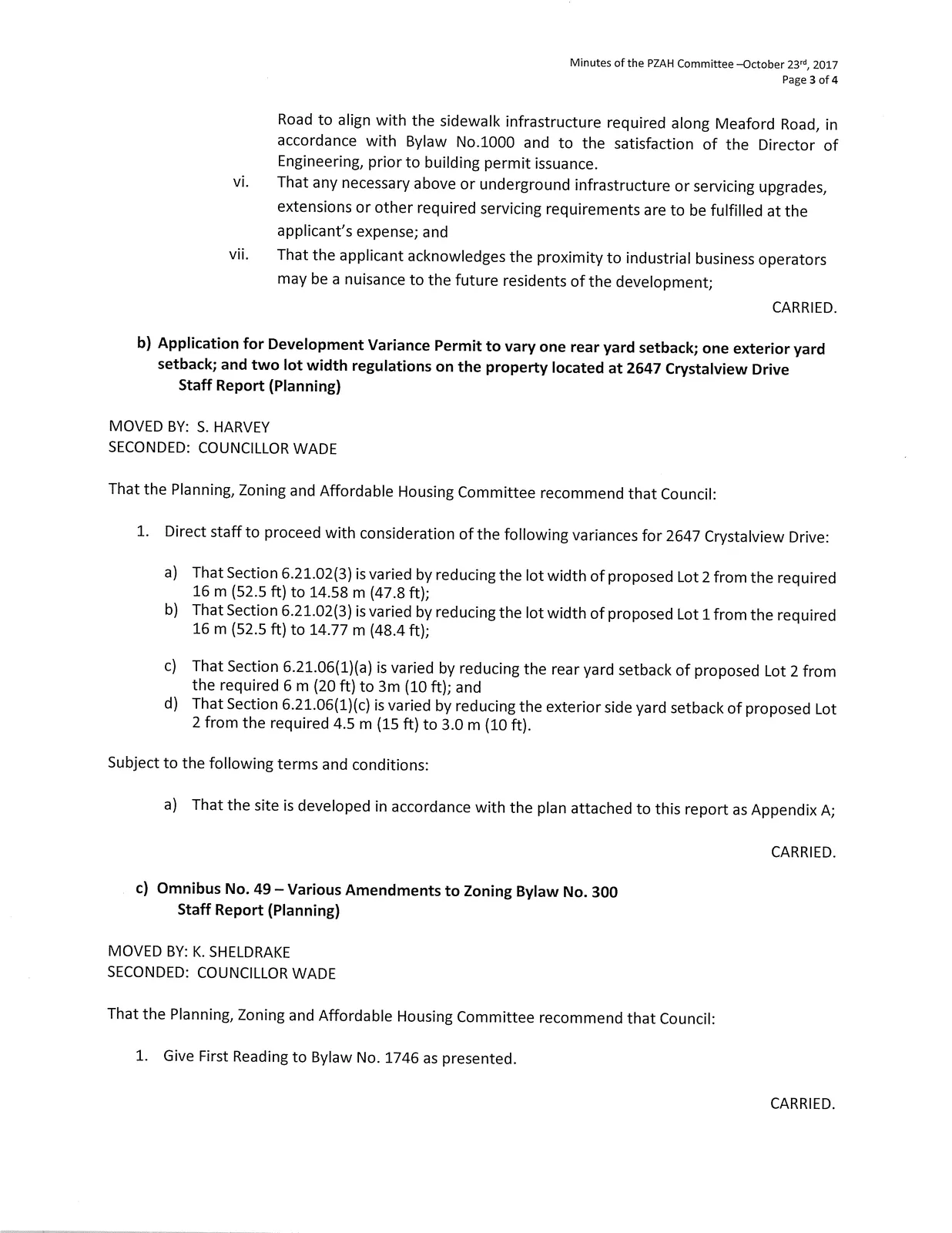 Page image showing variance details for 2647 Crystalview Drive and continuation of covenant conditions