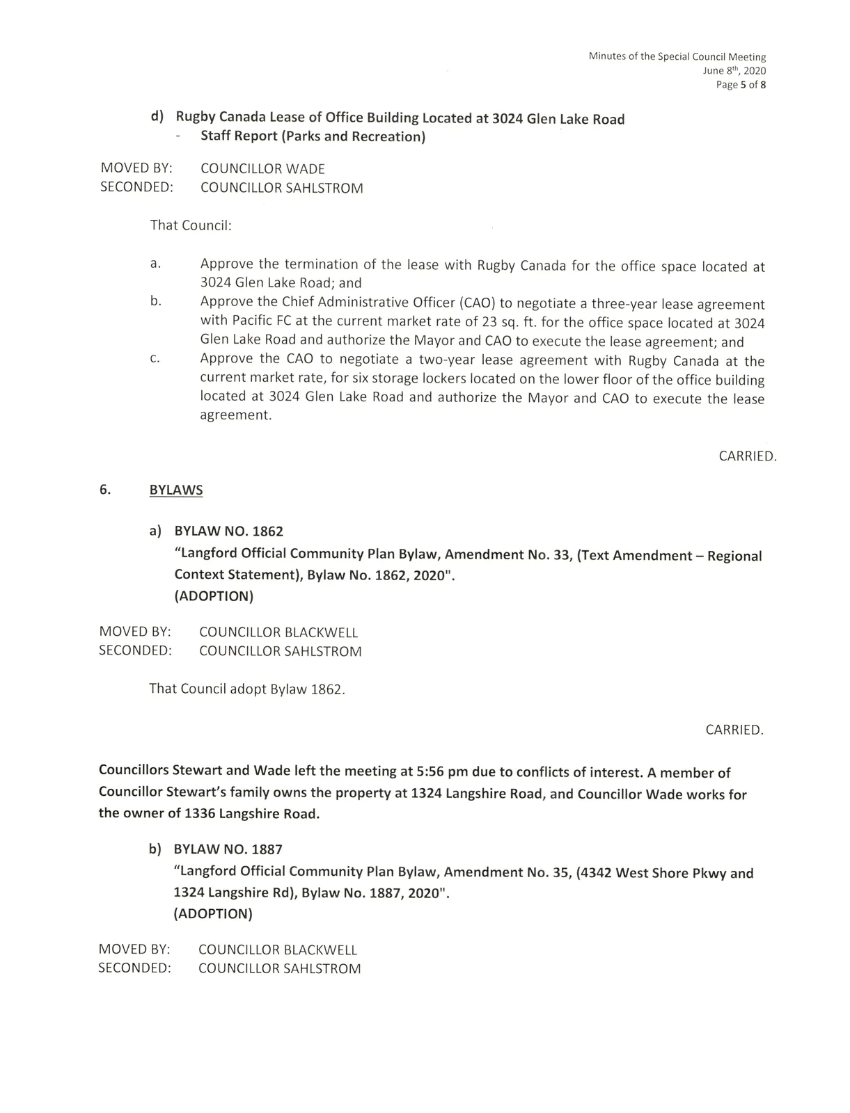 Staff report excerpt regarding lease of office building at 3024 Glen Lake Road