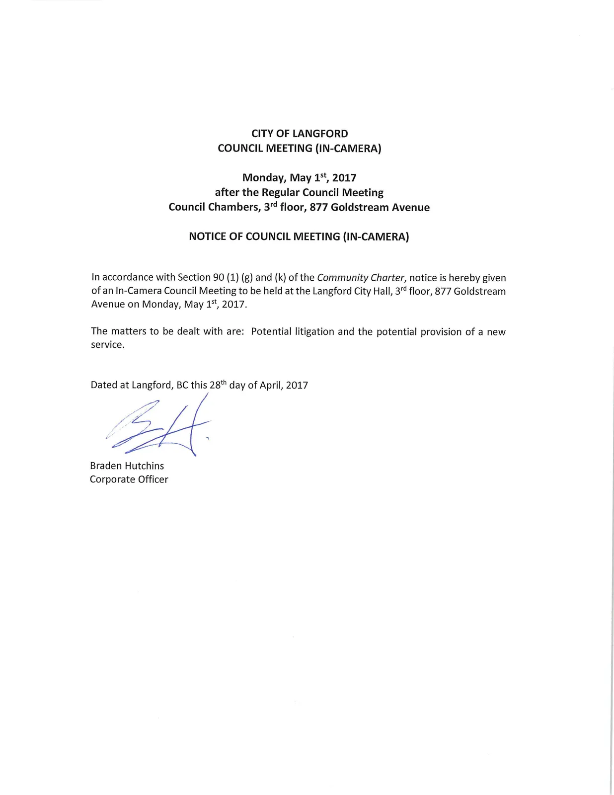 Notice of Council Meeting (In-Camera) document