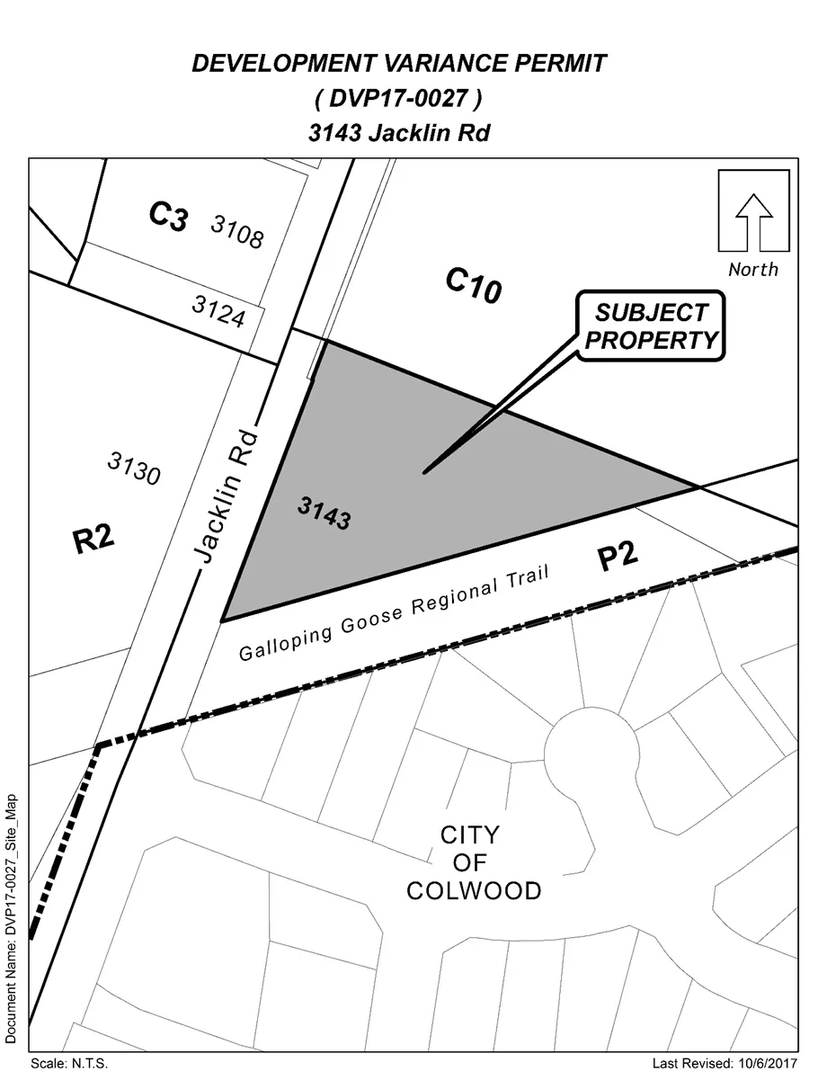 Site map showing subject property at 3143 Jacklin Rd adjacent to Galloping Goose Regional Trail