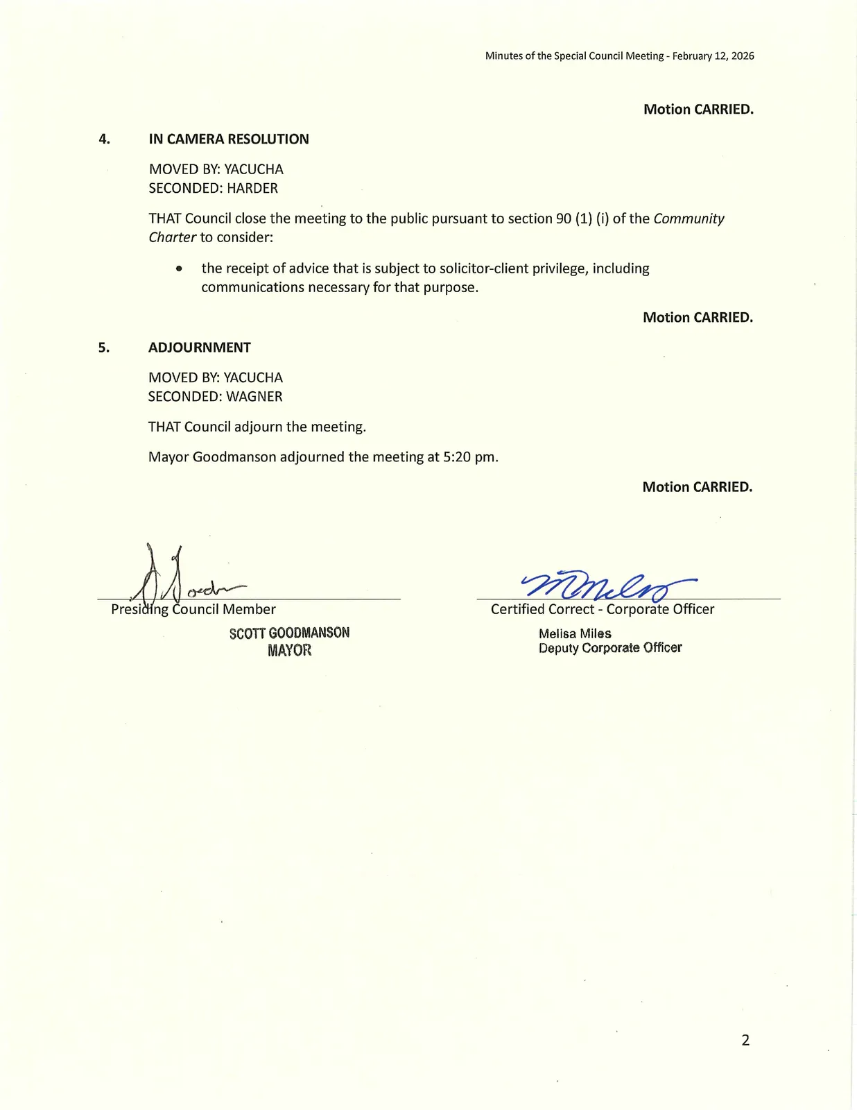Page 2 scanned image showing motions, in-camera resolution, adjournment, and signatures