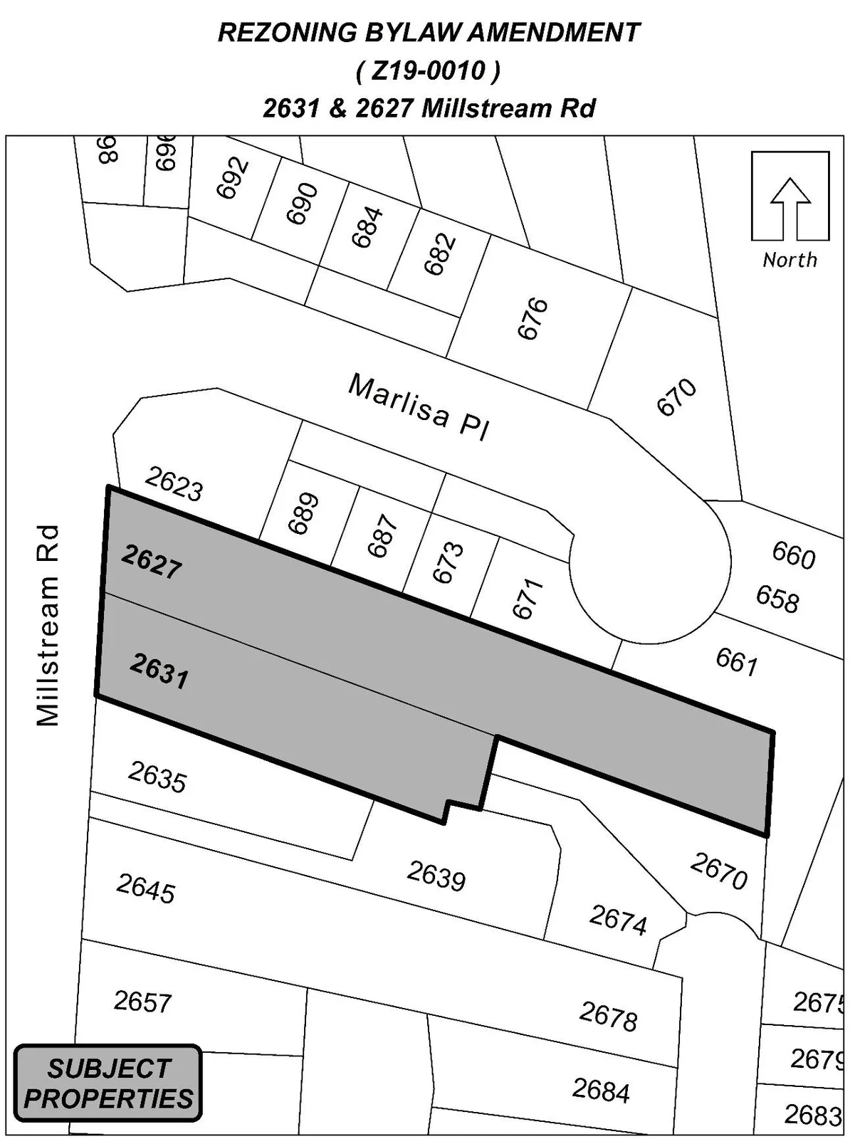 Map showing subject properties 2631 & 2627 Millstream Rd shaded, labeled "REZONING BYLAW AMENDMENT (Z19-0010) 2631 & 2627 Millstream Rd"