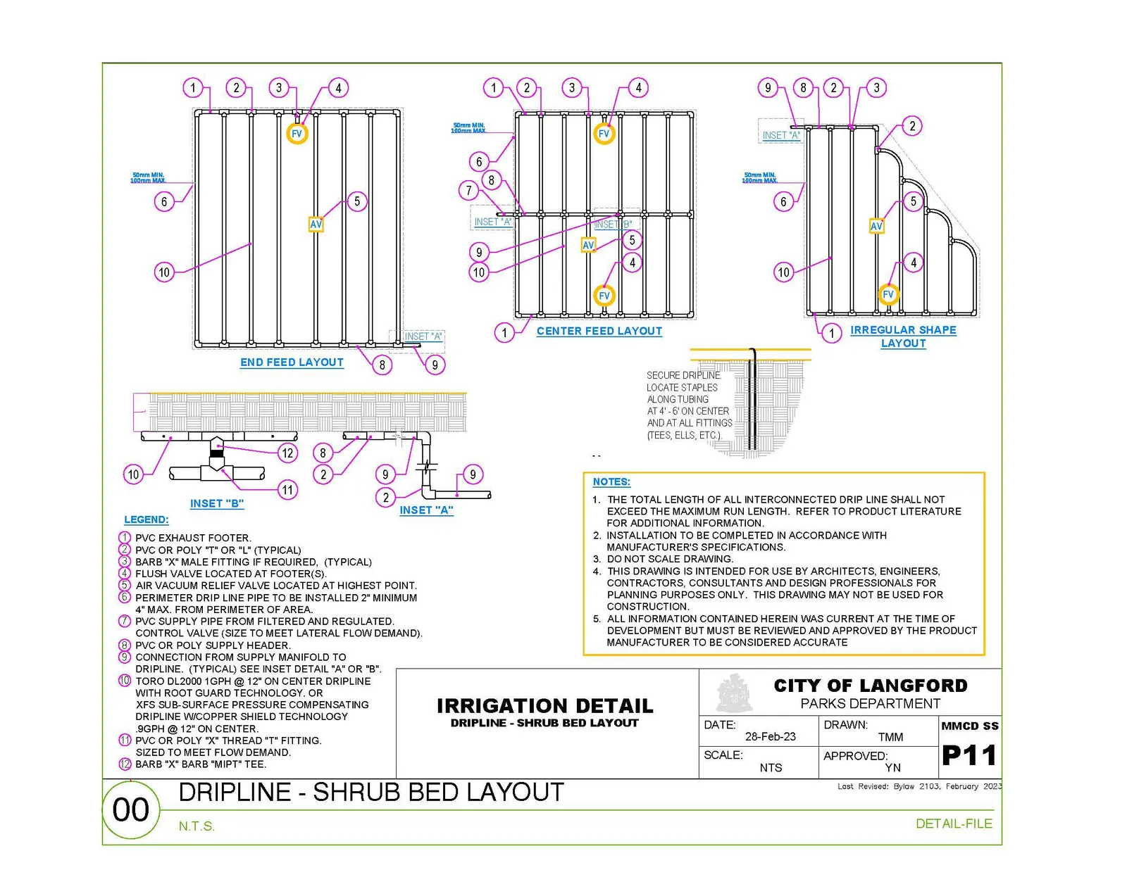 Irrigation detail P11, Dripline – Shrub Bed Layout.
