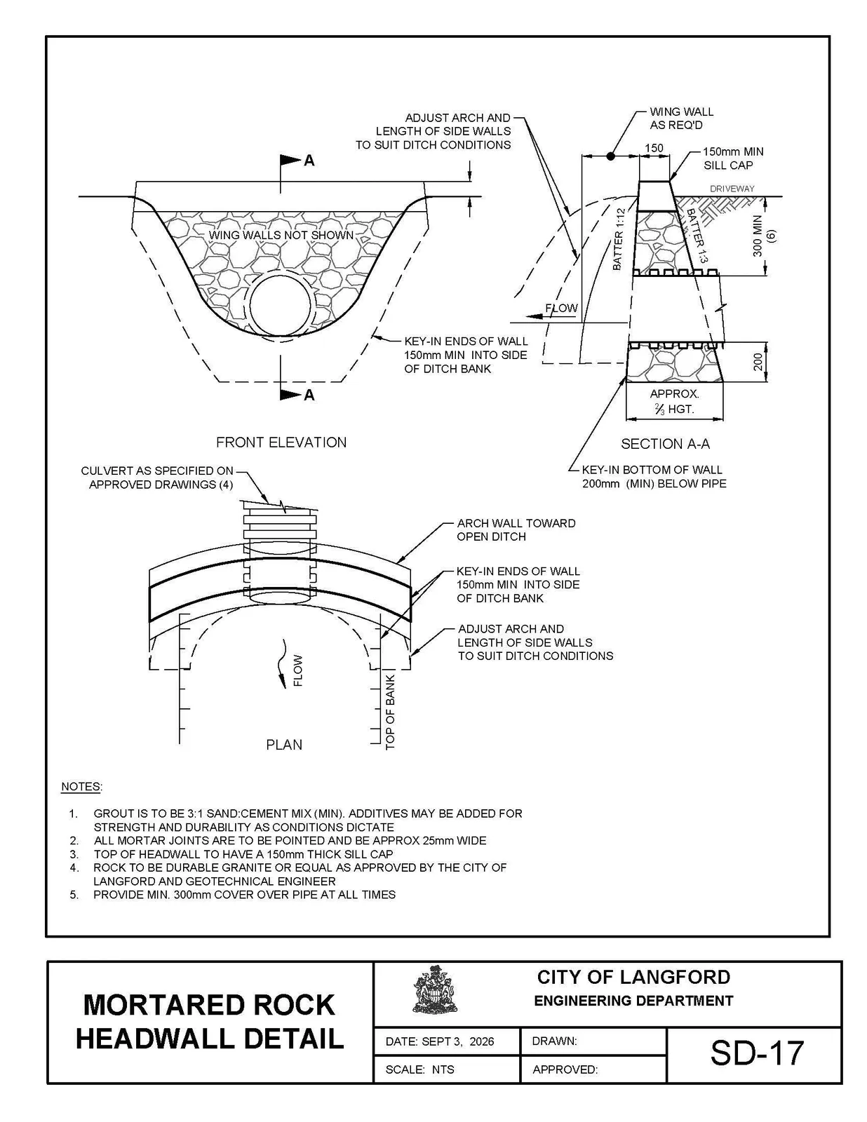 Mortared rock headwall detail SD-17.
