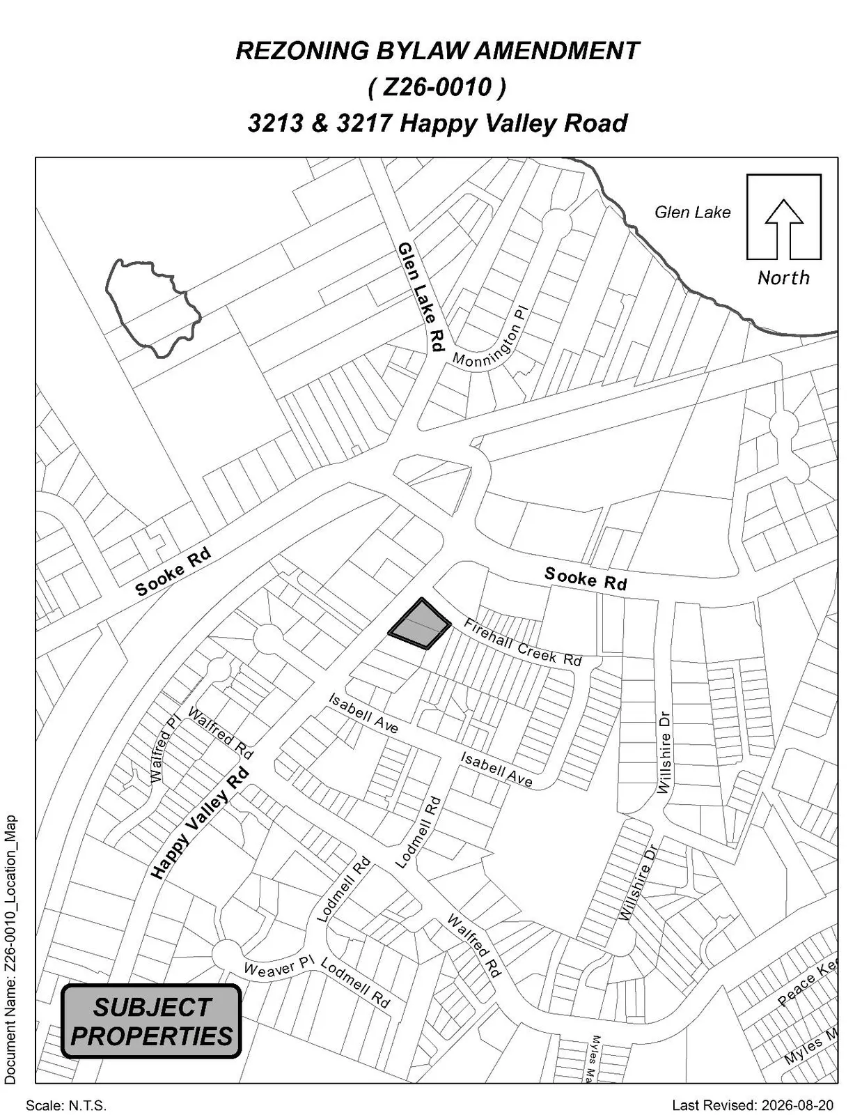 Location map identifying the properties at 3213 & 3217 Happy Valley Road for Rezoning Bylaw Amendment Z26-0010.
