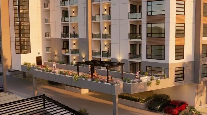 Perspective showing the building’s outdoor amenity and retail areas