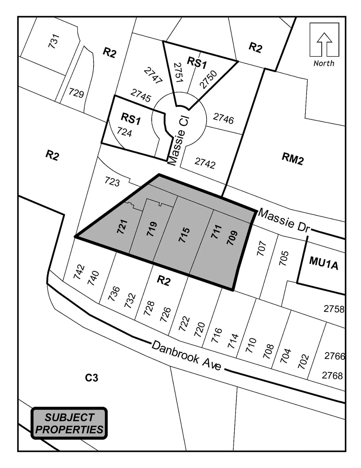 Schedule A zoning map showing the subject properties along Massie Drive, shaded and labelled 721, 719, 715, 711, and 709.